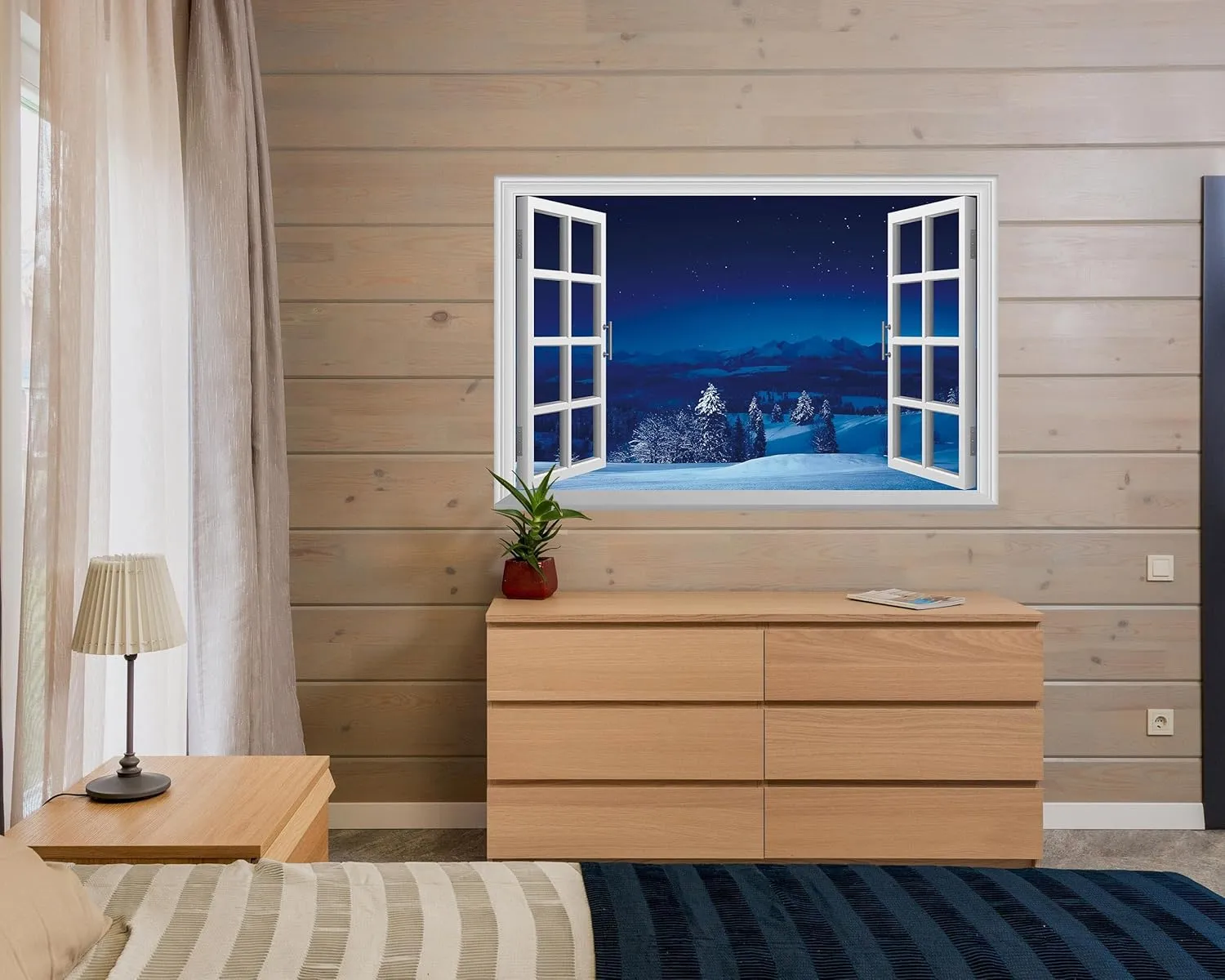 FLFK Fake Window Wall Mural - Snowy Scene at Night Faux Window Wall Sticker for Wall Decor, Stick and Peel Wall Decals,48"x32",Set of 2 Sheets