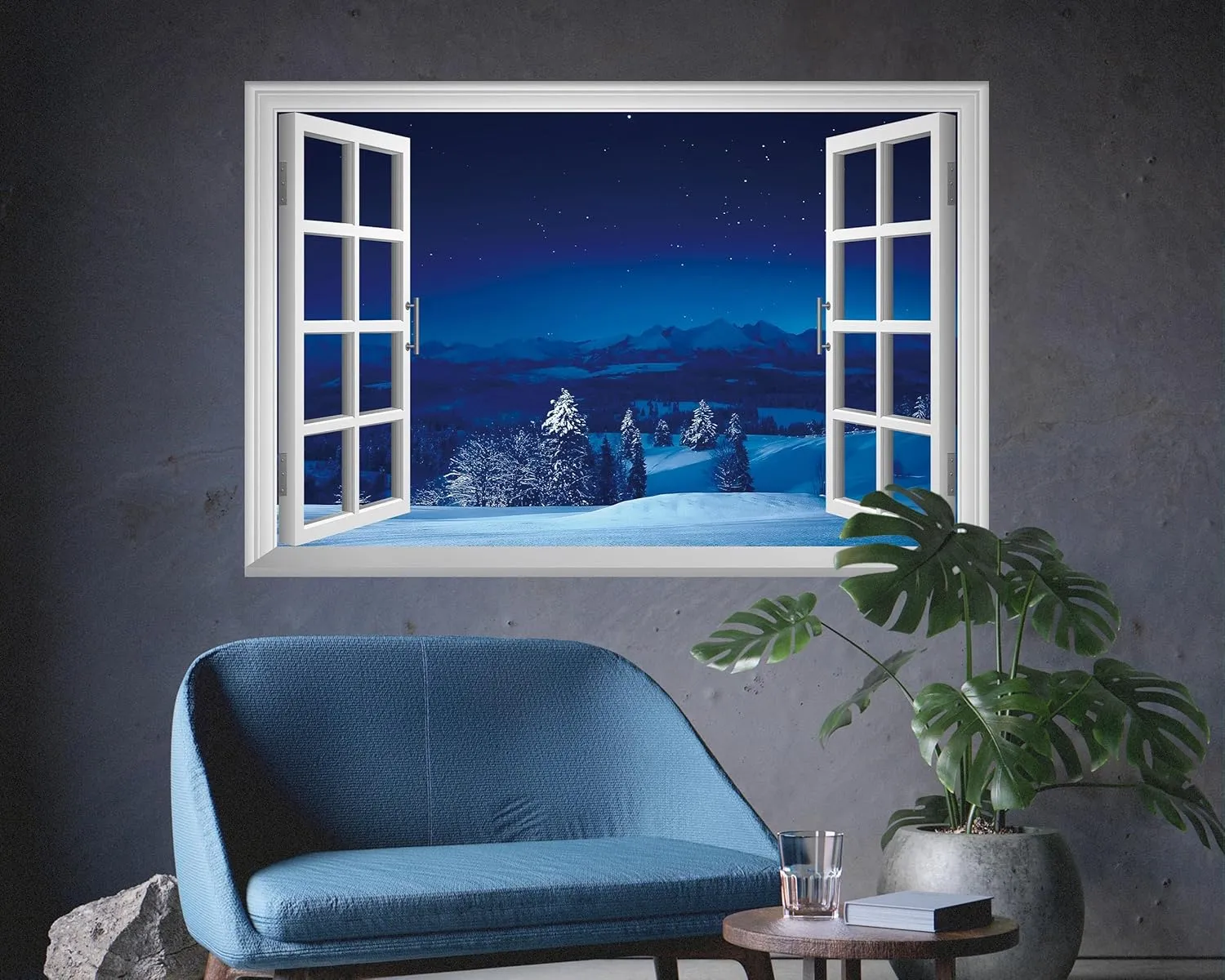 FLFK Fake Window Wall Mural - Snowy Scene at Night Faux Window Wall Sticker for Wall Decor, Stick and Peel Wall Decals,48"x32",Set of 2 Sheets