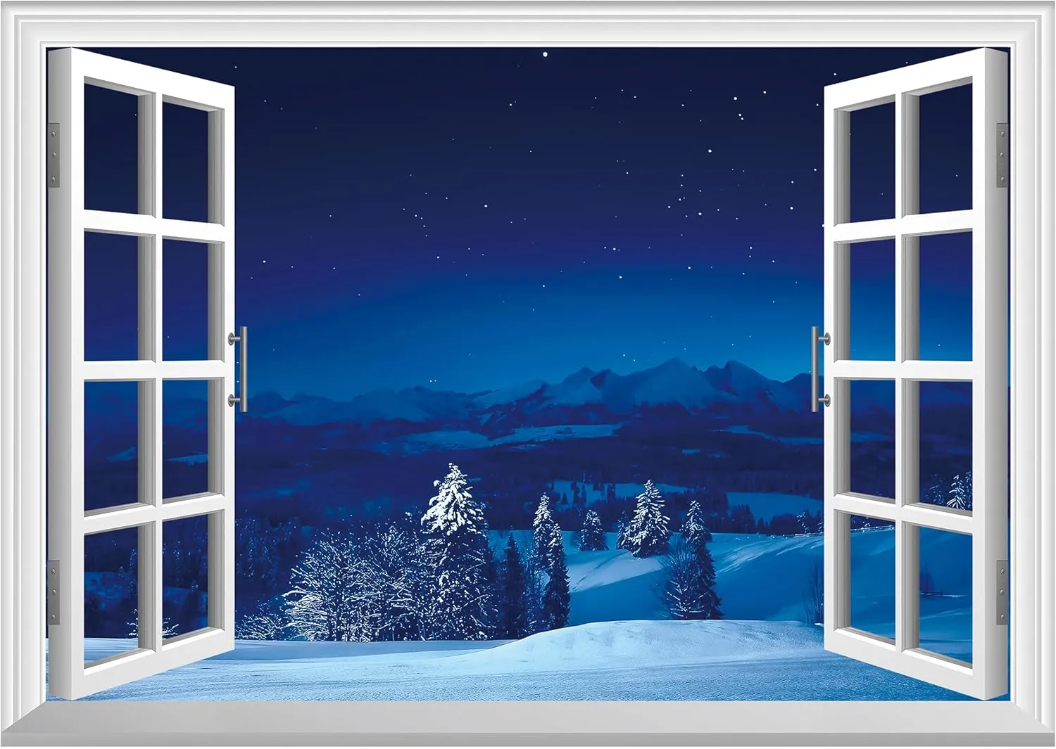 FLFK Fake Window Wall Mural - Snowy Scene at Night Faux Window Wall Sticker for Wall Decor, Stick and Peel Wall Decals,48"x32",Set of 2 Sheets