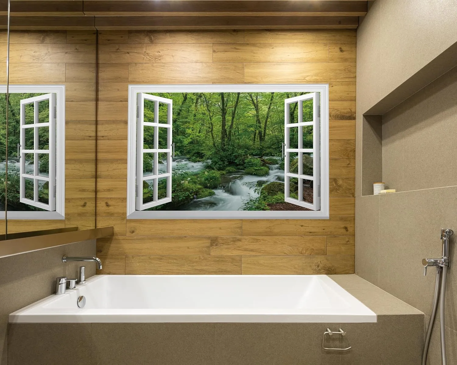FLFK Fake Window Wall Mural - Streams in The Jungle Faux Window Wall Sticker for Wall Decor, Stick and Peel Wall Decals,48"x32",Set of 2 Sheets