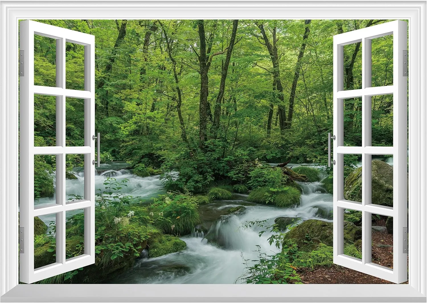 FLFK Fake Window Wall Mural - Streams in The Jungle Faux Window Wall Sticker for Wall Decor, Stick and Peel Wall Decals,48"x32",Set of 2 Sheets