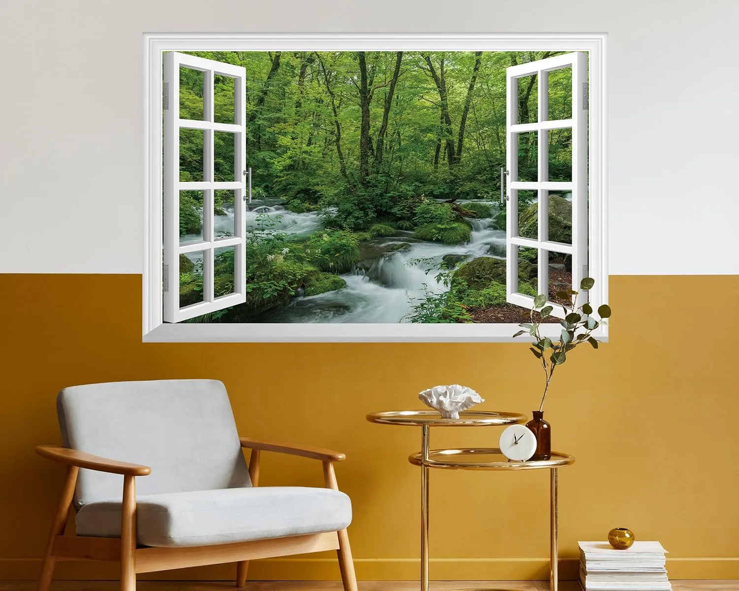 FLFK Fake Window Wall Mural - Streams in The Jungle Faux Window Wall Sticker for Wall Decor, Stick and Peel Wall Decals,48"x32",Set of 2 Sheets