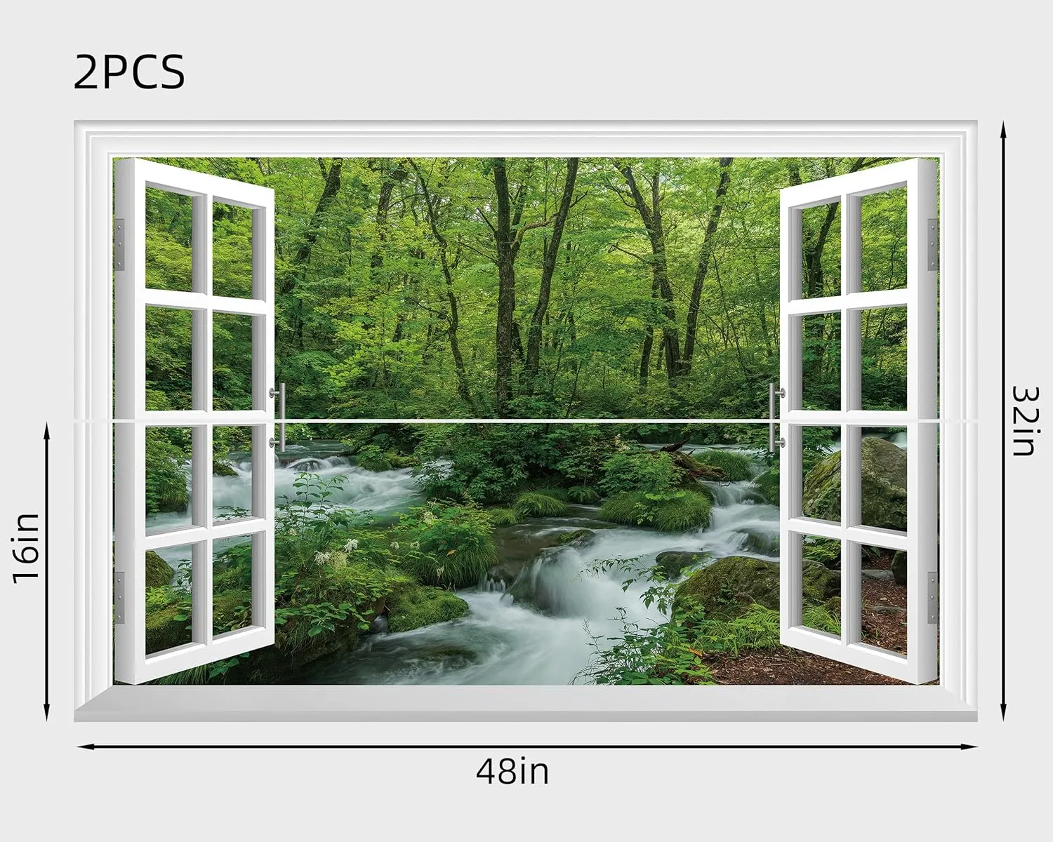 FLFK Fake Window Wall Mural - Streams in The Jungle Faux Window Wall Sticker for Wall Decor, Stick and Peel Wall Decals,48"x32",Set of 2 Sheets