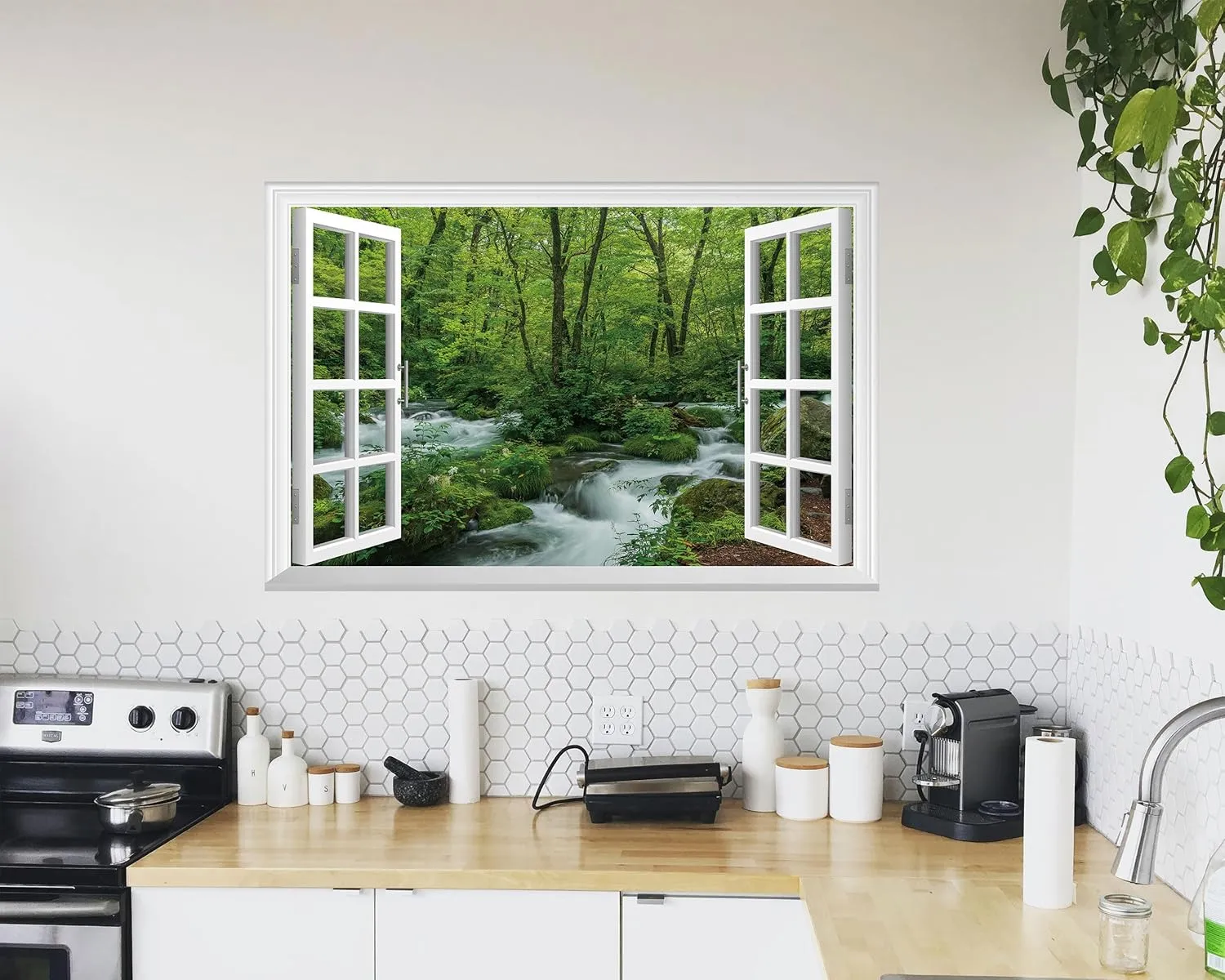 FLFK Fake Window Wall Mural - Streams in The Jungle Faux Window Wall Sticker for Wall Decor, Stick and Peel Wall Decals,48"x32",Set of 2 Sheets