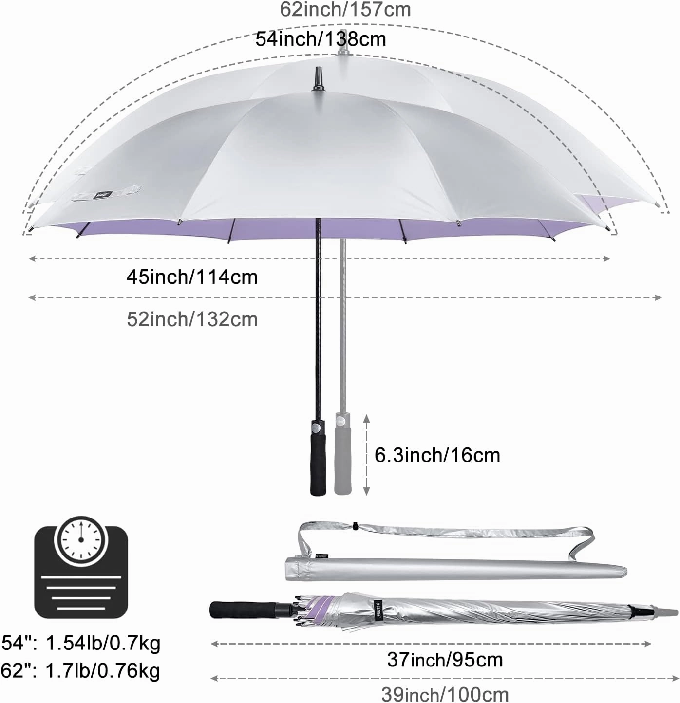 G4Free 54/62 Inch Windproof UV Protection Golf Umbrella Extra Large Silver Coated Automatic Open Stick Long Umbrella