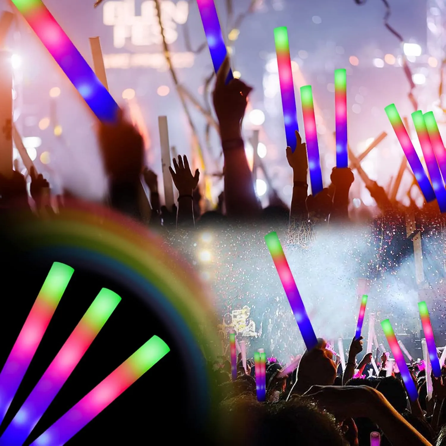 Glow Sticks Bulk - 100 Pcs LED Foam Sticks Glow in the Dark Party Supplies with 3 Modes Flashing Effect, Glow Batons Party Favors for Party Wedding Birthday Concert Halloween Christmas