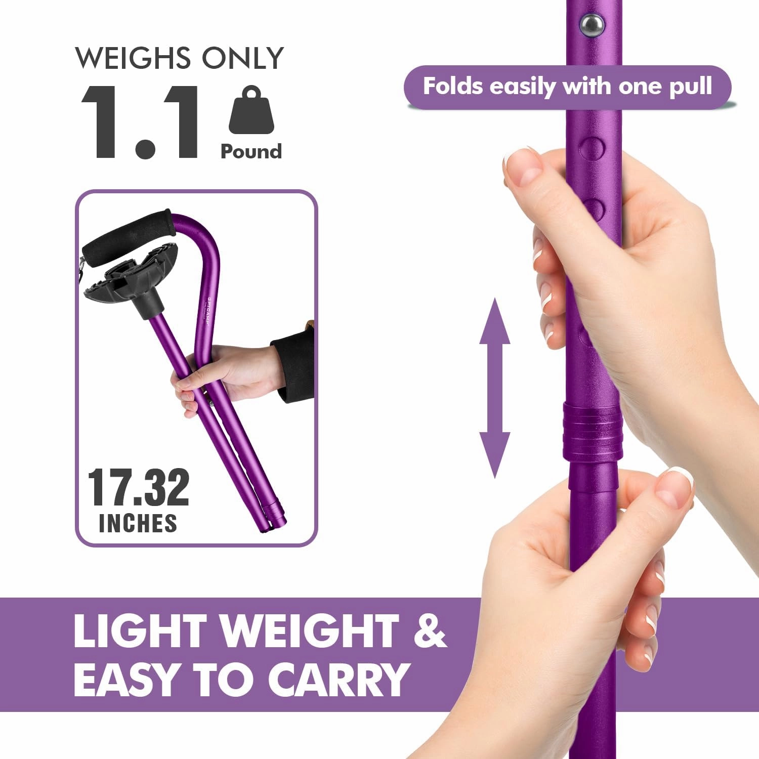 GPTCAMP G1 Walking Stick, Walking Cane for Women & Men with Wrist Strap, Lightweight & Sturdy Offset EVA Handle, Large Quad Base, Self Standing for Seniors and People with Injuries & Recovery