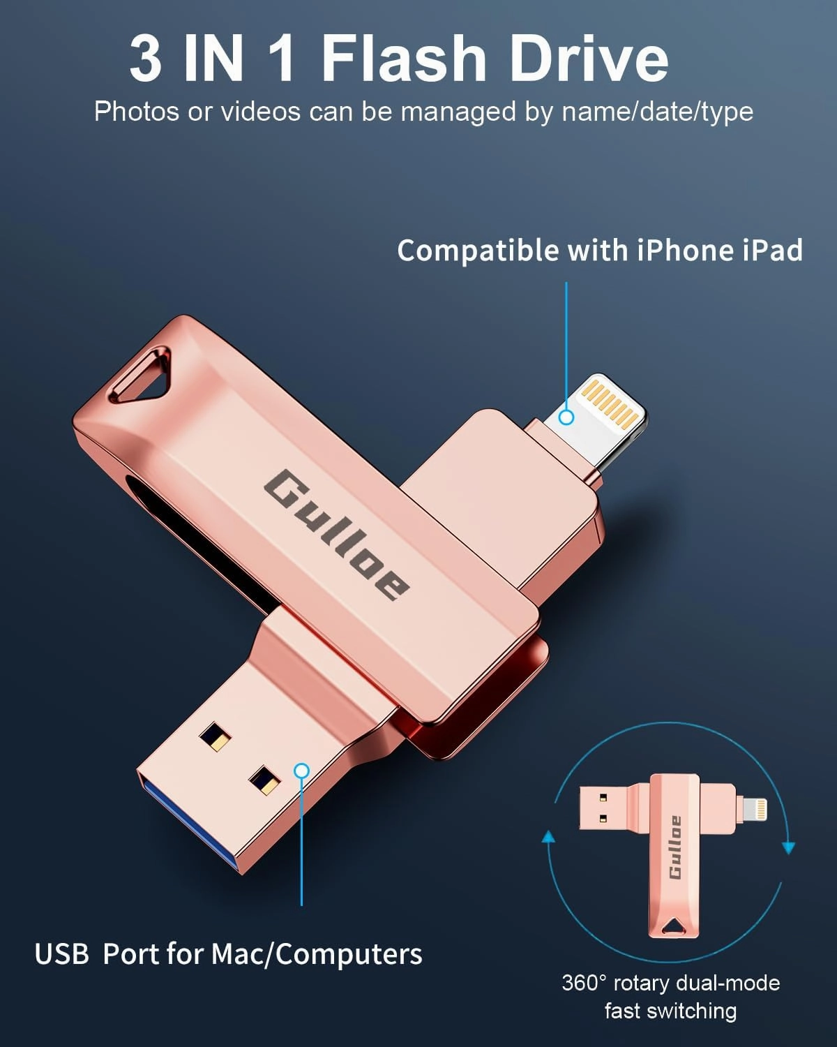 Gulloe 512GB USB Flash Drive Intended for iPhone iPad, Memory Stick Storage for Photos and Videos Backup, Compatible with iPhone iPad Android PC, Plug and Play, No Application Required (Rose Gold)
