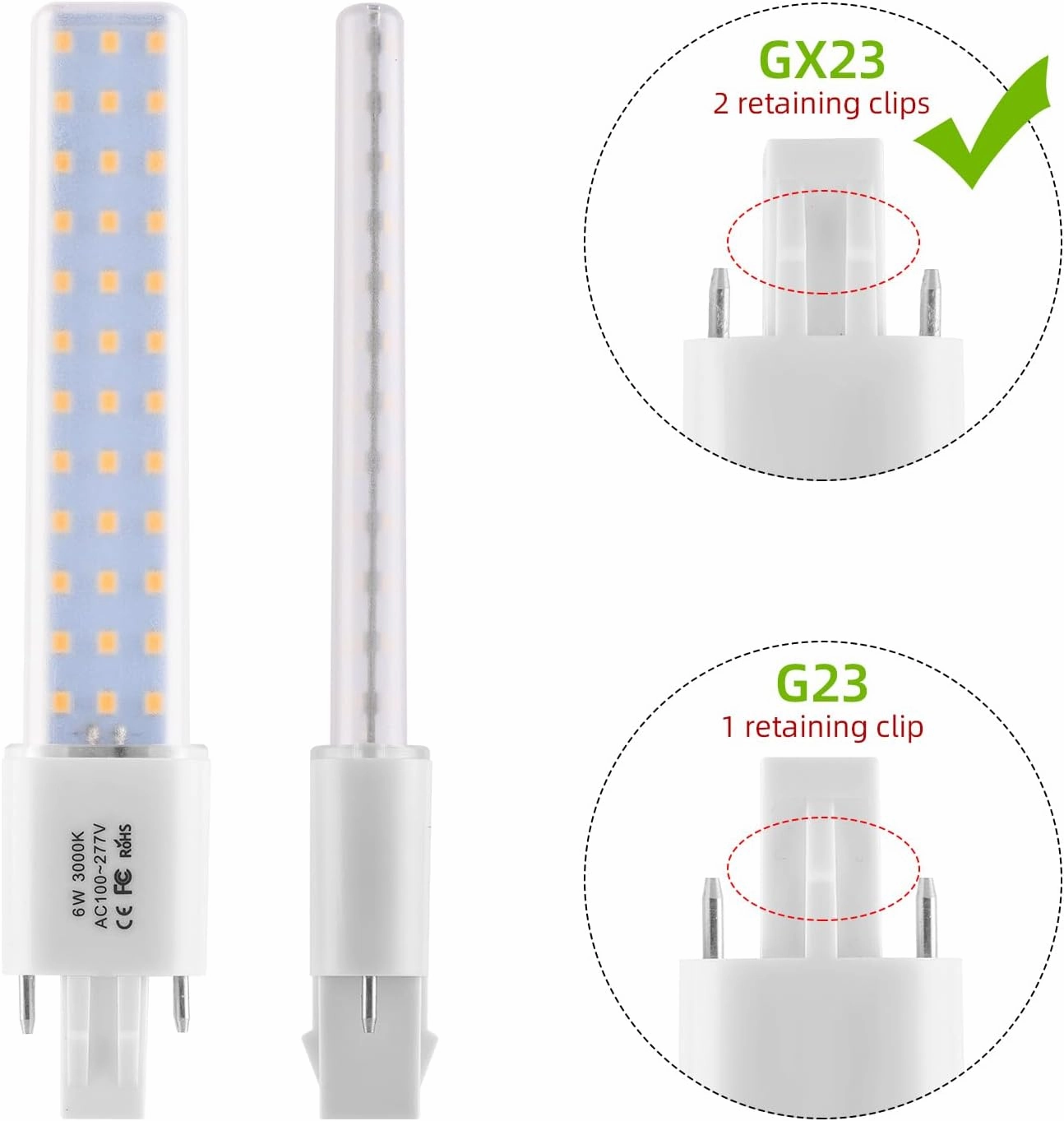 GX23 LED Light Bulb Plug and Play Replacement 13W CFL LED Stick PL Bulb GX23-2 Pin Base,360° Beam Angle,Warm White 3000K,Driven by 100-277V and CFL Ballast 2 Pack (Warm White, GX23 6W)