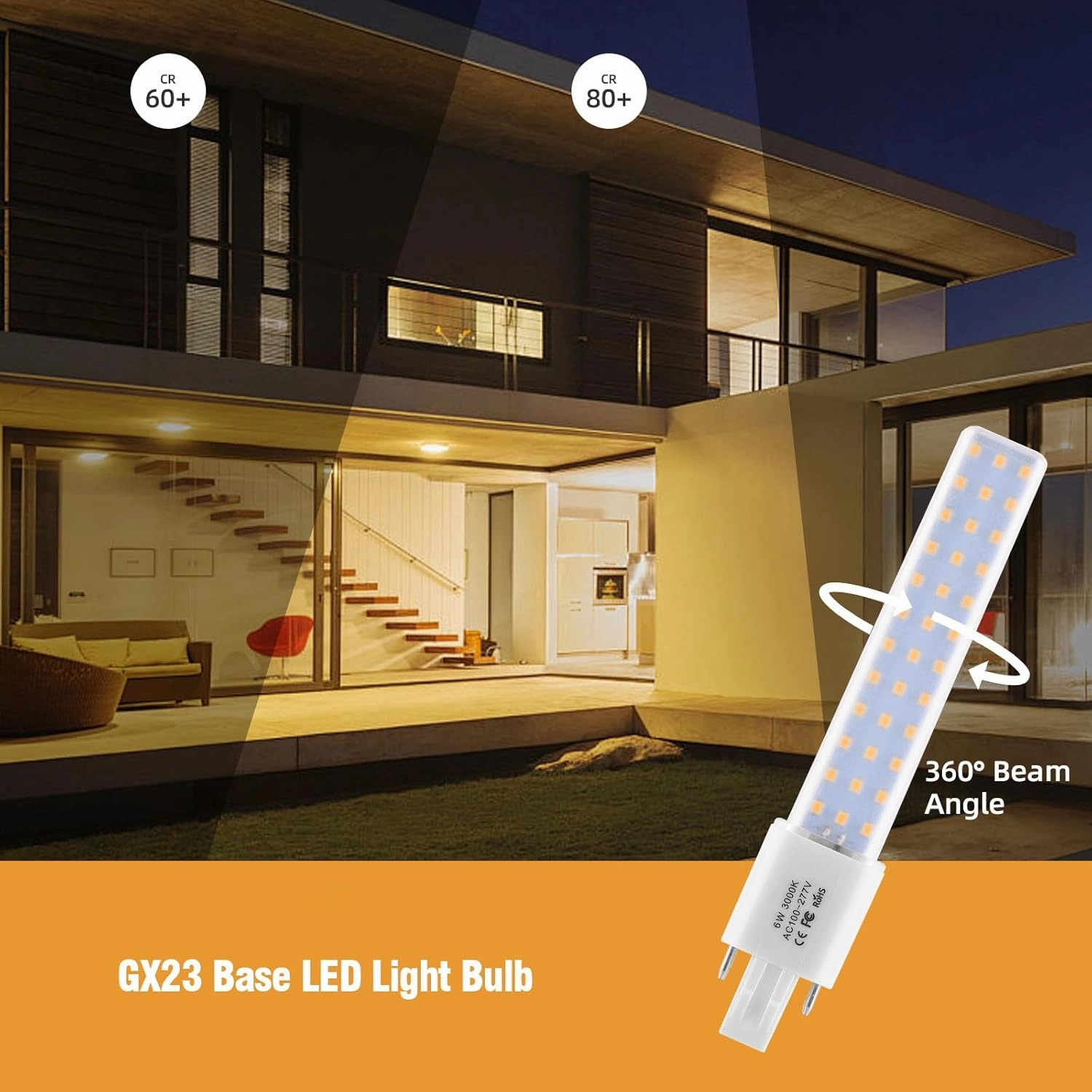 GX23 LED Light Bulb Plug and Play Replacement 13W CFL LED Stick PL Bulb GX23-2 Pin Base,360° Beam Angle,Warm White 3000K,Driven by 100-277V and CFL Ballast 2 Pack (Warm White, GX23 6W)