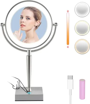 GyroVu Lighted Makeup Mirror, 1X 10X Magnifying Mirror with Lights 3 Color LED Touch Dimmable HD Double Side Mirror 360° Swivel Makeup Mirror Light Adjustable Personal Makeup Mirror