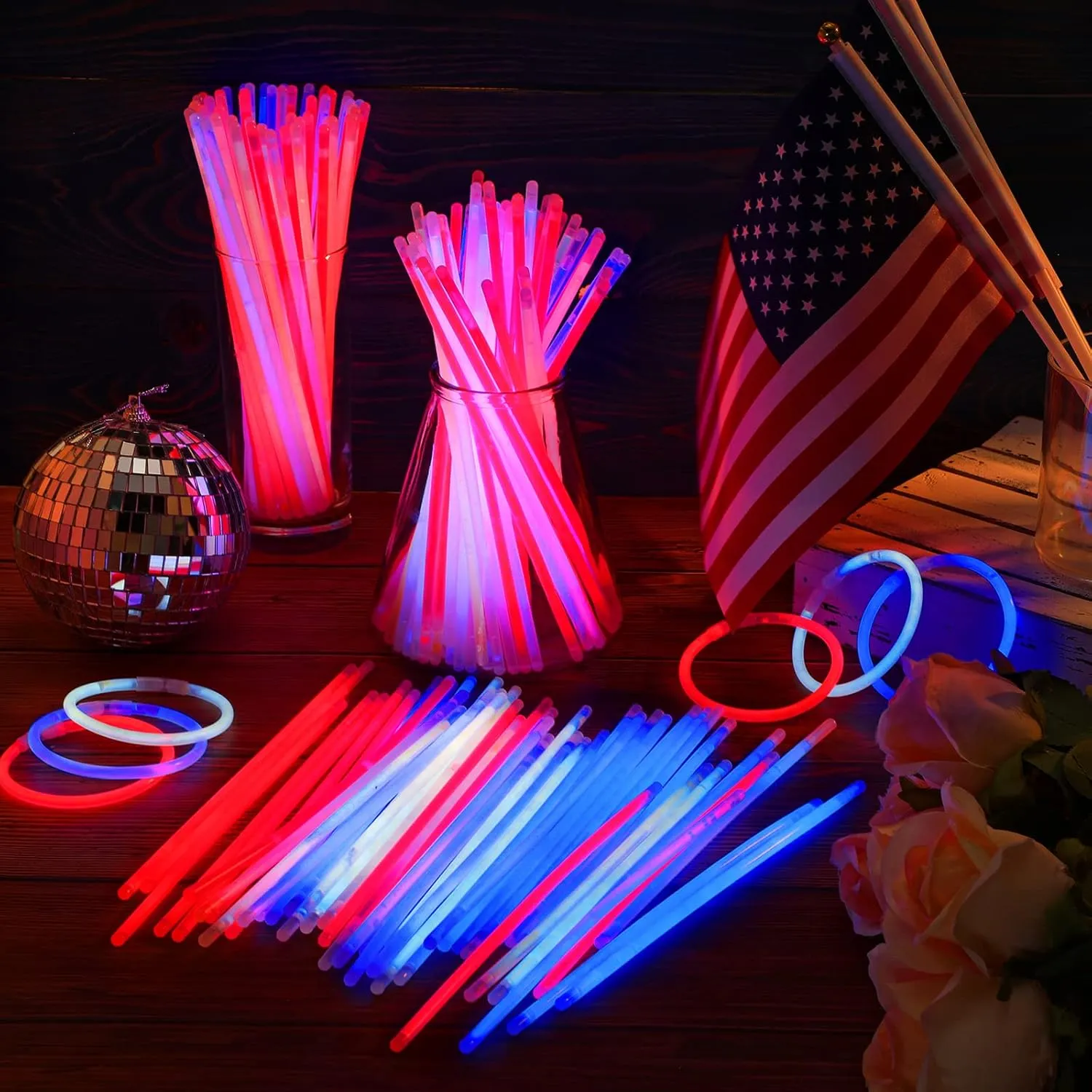Hanaive 300 Pcs Glow Sticks Bulk 8 Inch Glow in the Dark Party Favors Neon Bracelets and Necklaces Light up Sticks with Connectors for Party Supplies(Red, Blue and White)