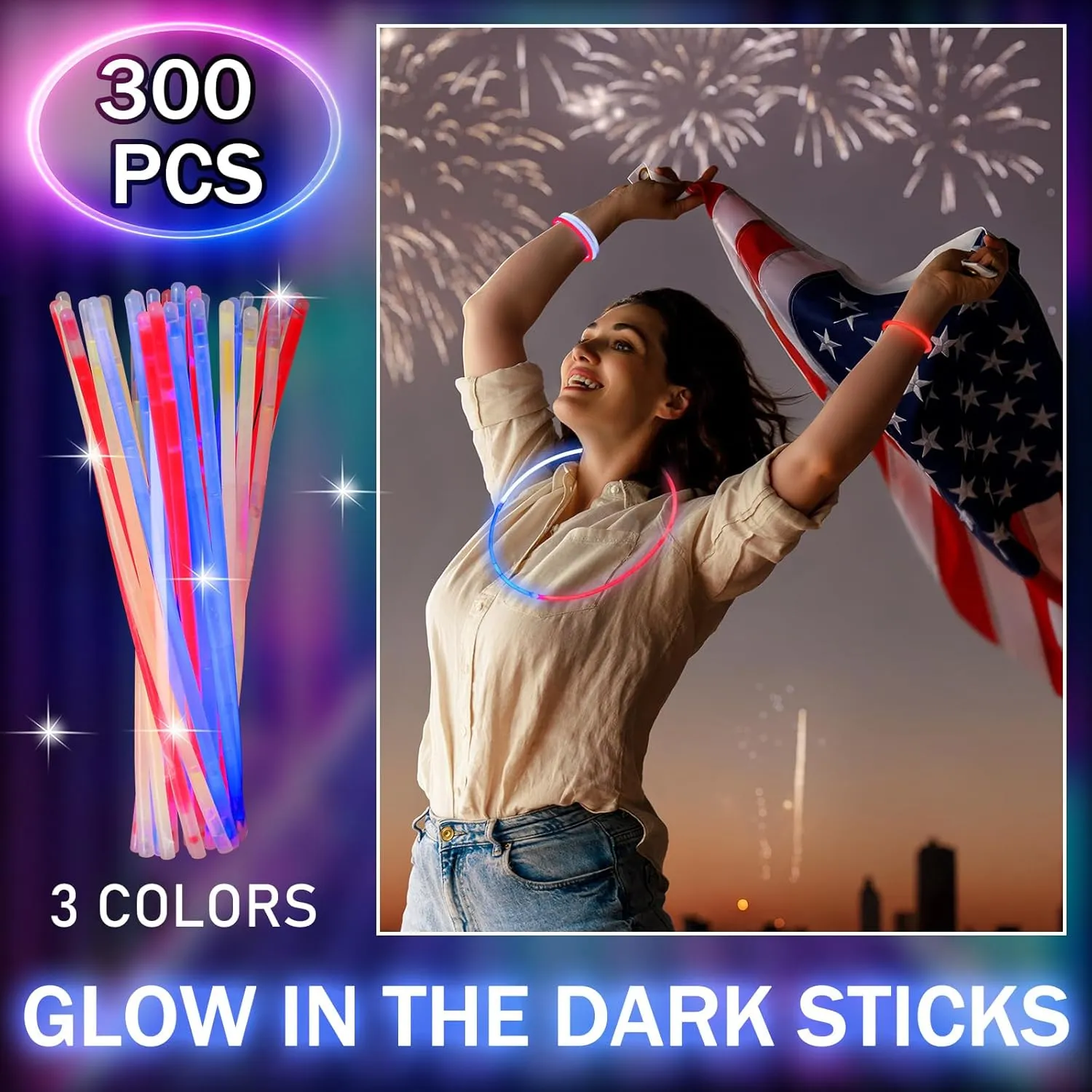Hanaive 300 Pcs Glow Sticks Bulk 8 Inch Glow in the Dark Party Favors Neon Bracelets and Necklaces Light up Sticks with Connectors for Party Supplies(Red, Blue and White)