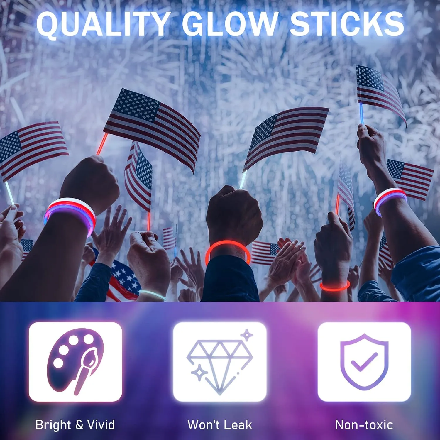 Hanaive 300 Pcs Glow Sticks Bulk 8 Inch Glow in the Dark Party Favors Neon Bracelets and Necklaces Light up Sticks with Connectors for Party Supplies(Red, Blue and White)