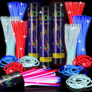 Hanaive 300 Pcs Glow Sticks Bulk 8 Inch Glow in the Dark Party Favors Neon Bracelets and Necklaces Light up Sticks with Connectors for Party Supplies(Red, Blue and White)