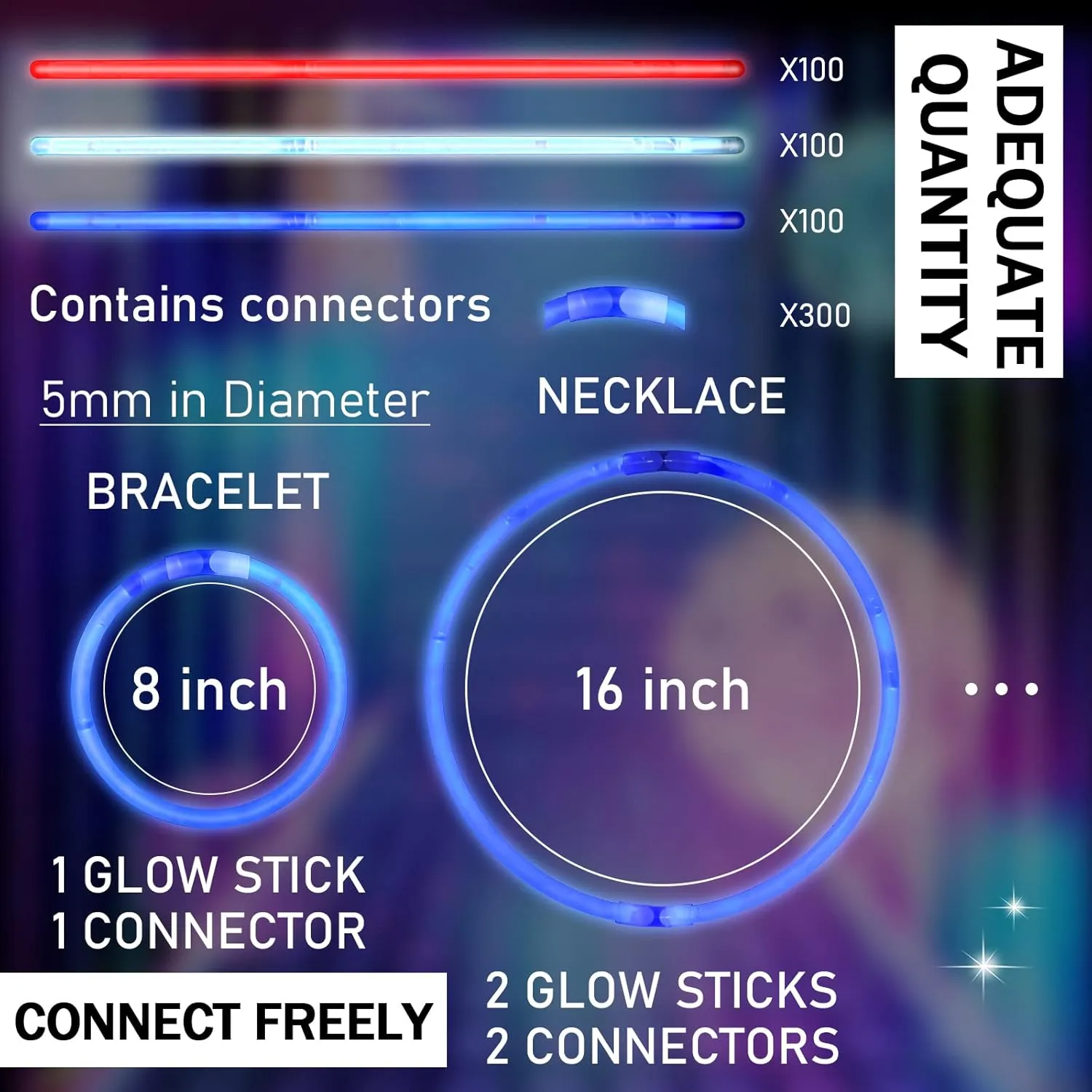 Hanaive 300 Pcs Glow Sticks Bulk 8 Inch Glow in the Dark Party Favors Neon Bracelets and Necklaces Light up Sticks with Connectors for Party Supplies(Red, Blue and White)