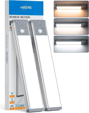 HIBOITEC Under Cabinet Lighting Rechargeable 40 LED Closet Lights Battery Operated, Dimmable Motion Sensor Lights Indoor, Wireless Magnetic Light for Kitchen, 3 Color Temperatures, 9 inch
