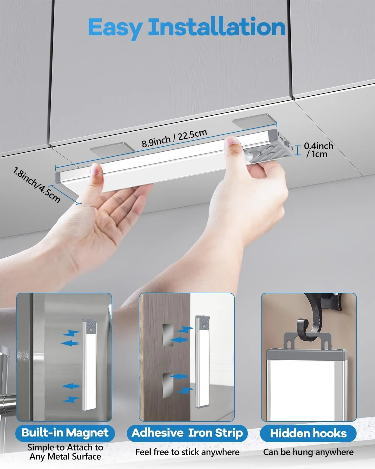 HIBOITEC Under Cabinet Lighting Rechargeable 40 LED Closet Lights Battery Operated, Dimmable Motion Sensor Lights Indoor, Wireless Magnetic Light for Kitchen, 3 Color Temperatures, 9 inch