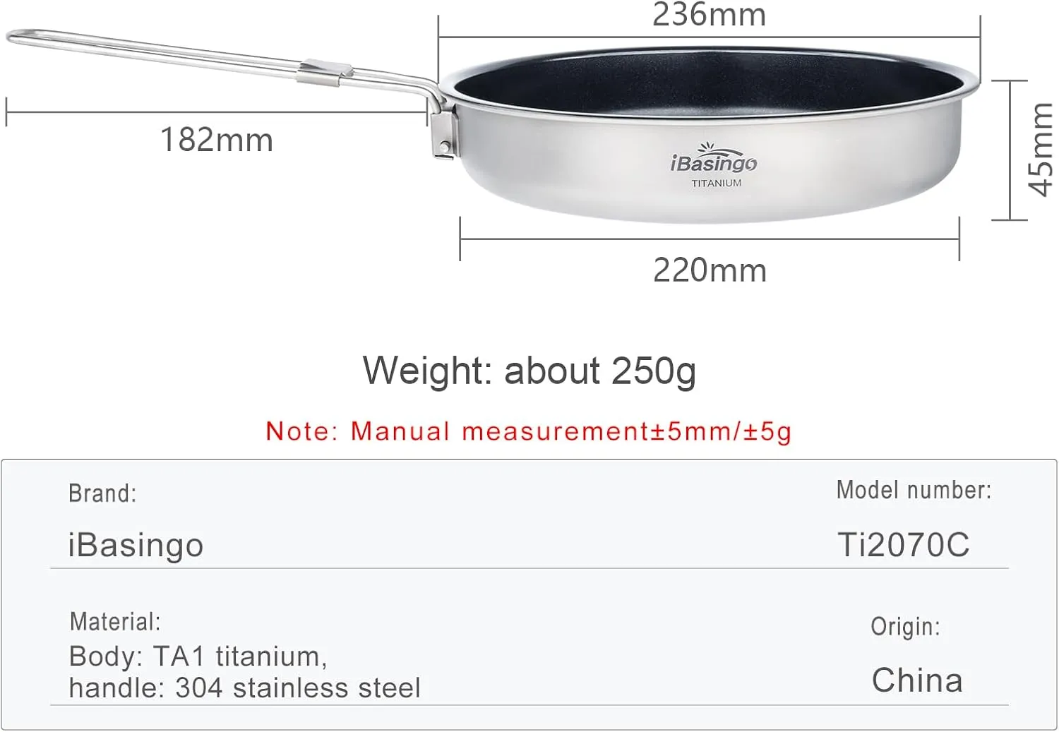 iBasingo 1500ml Titanium Non-stick Frying Pan with Folding Handle 22cm / 8.67" Outdoor Camping Skillet Ultralight Cookware Small Griddles Backpacking Cooking Kit Good for Fired Egg Steak Ti2070C