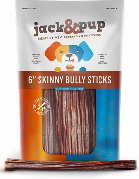 Jack&Pup 6 Inch Skinny Bully Sticks for Small Dogs (30 Pack) Thin, Odor Free Bully Sticks Sheaths | Single Ingredient Beef Pizzle Sticks for Senior Dogs and Puppies