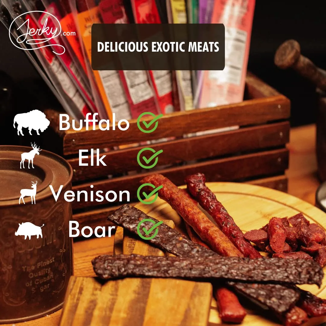 Jerky.com Exotic Jerky Gift Basket - Wild Game Snack Sticks Gift Bag - Venison, Elk, Bison, Wild Boar - Exotic Meat is the Main Ingredient - High Protein Jerky Gifts for Men (12 Piece Gift Bag)