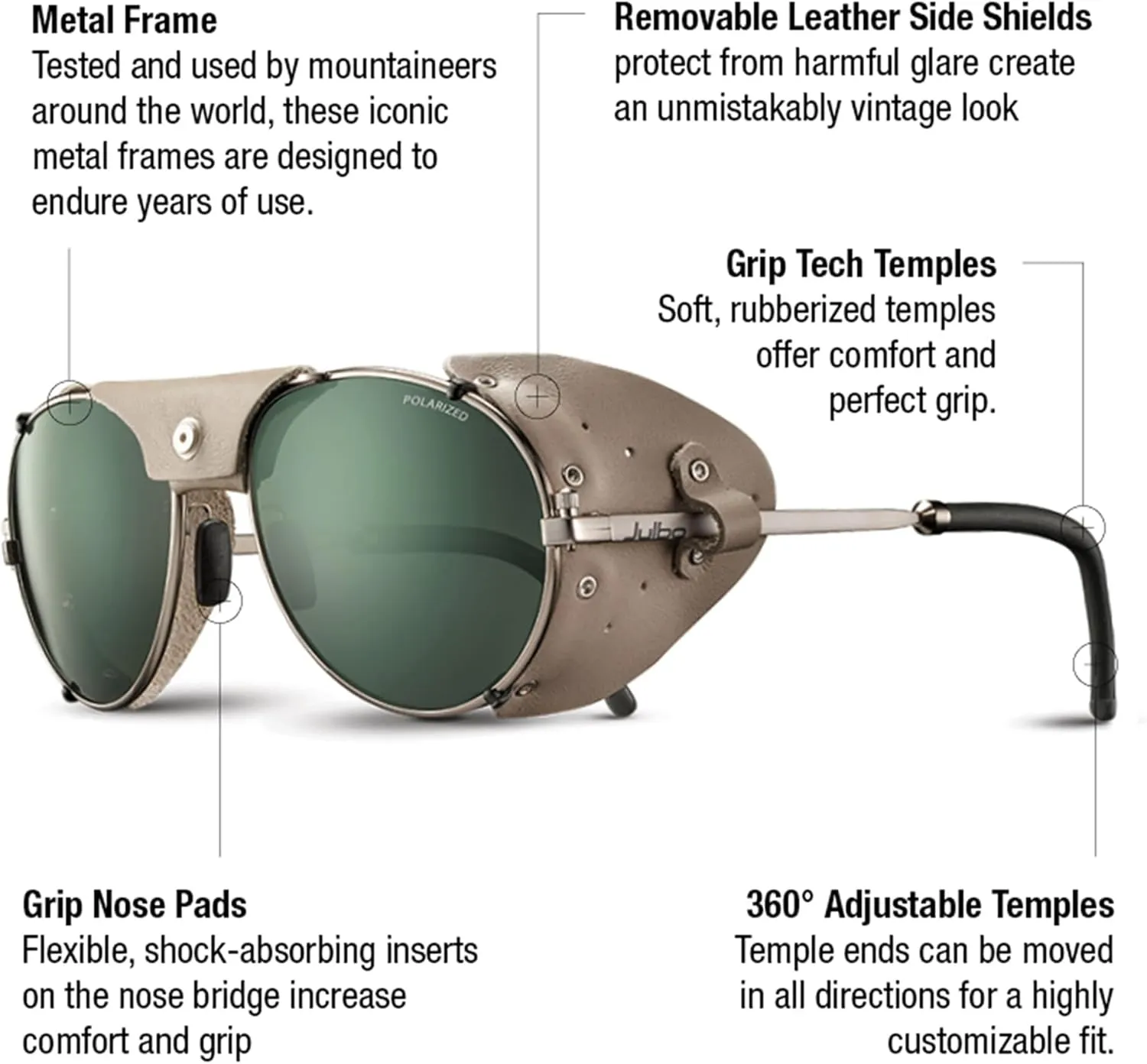 Julbo Cham Glacier Sunglasses for Men & Women w/Removable Leather Side Shields for Mountaineering, Hiking, Skiing, and Snow