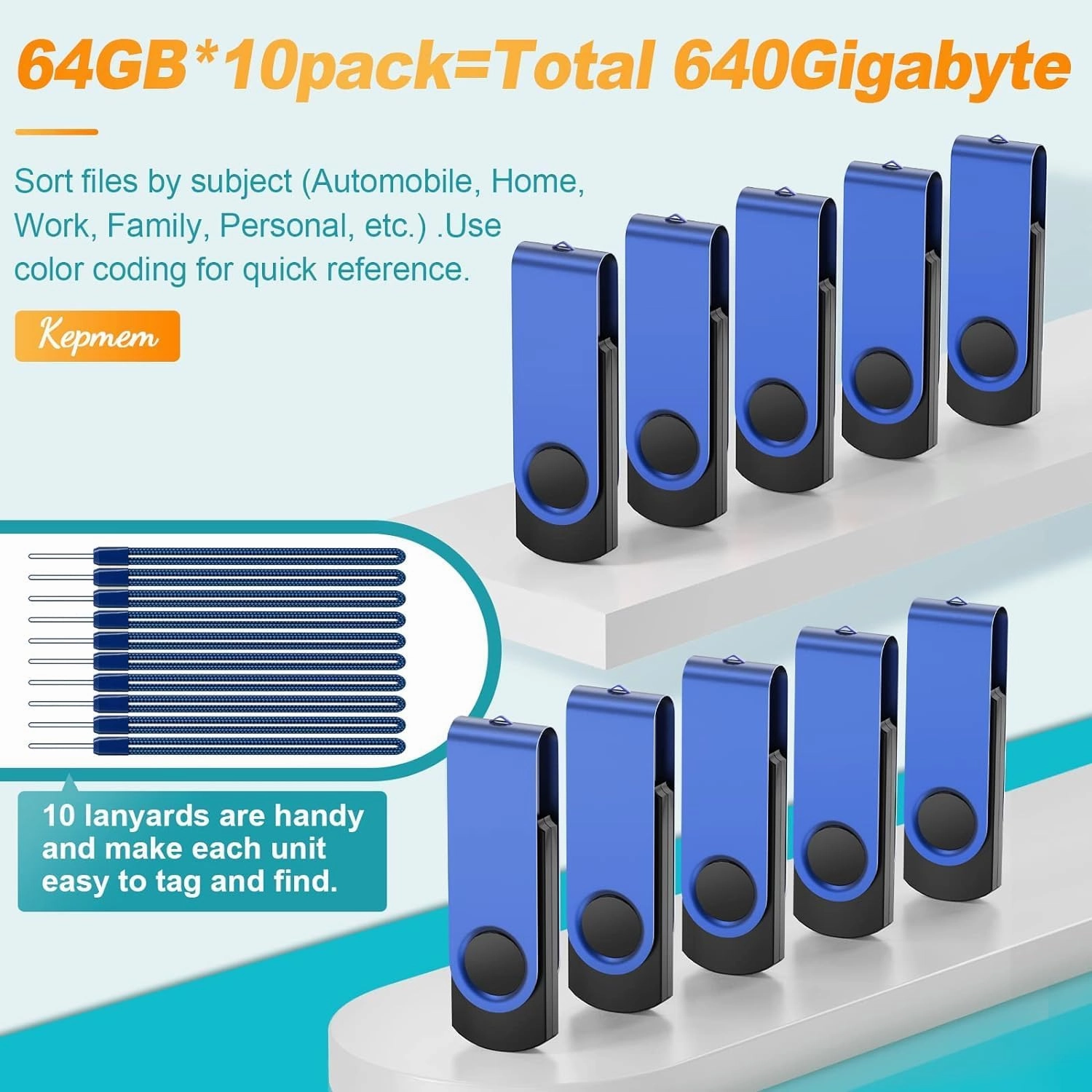 Kepmem 16GB Flash Drive Bulk 10 Pack Thumb Drive Swivel USB Drive Metal Memory Stick Portable 16 GB USB Stick 16 Giga Pendrive Blue Jump Drive Zip Drive for Office Data Storage