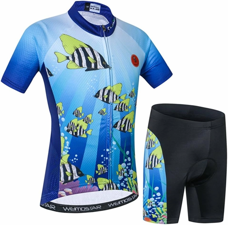 Kids Cycling Jersey Set with 3D Padded Shorts Cartoon Bike Top