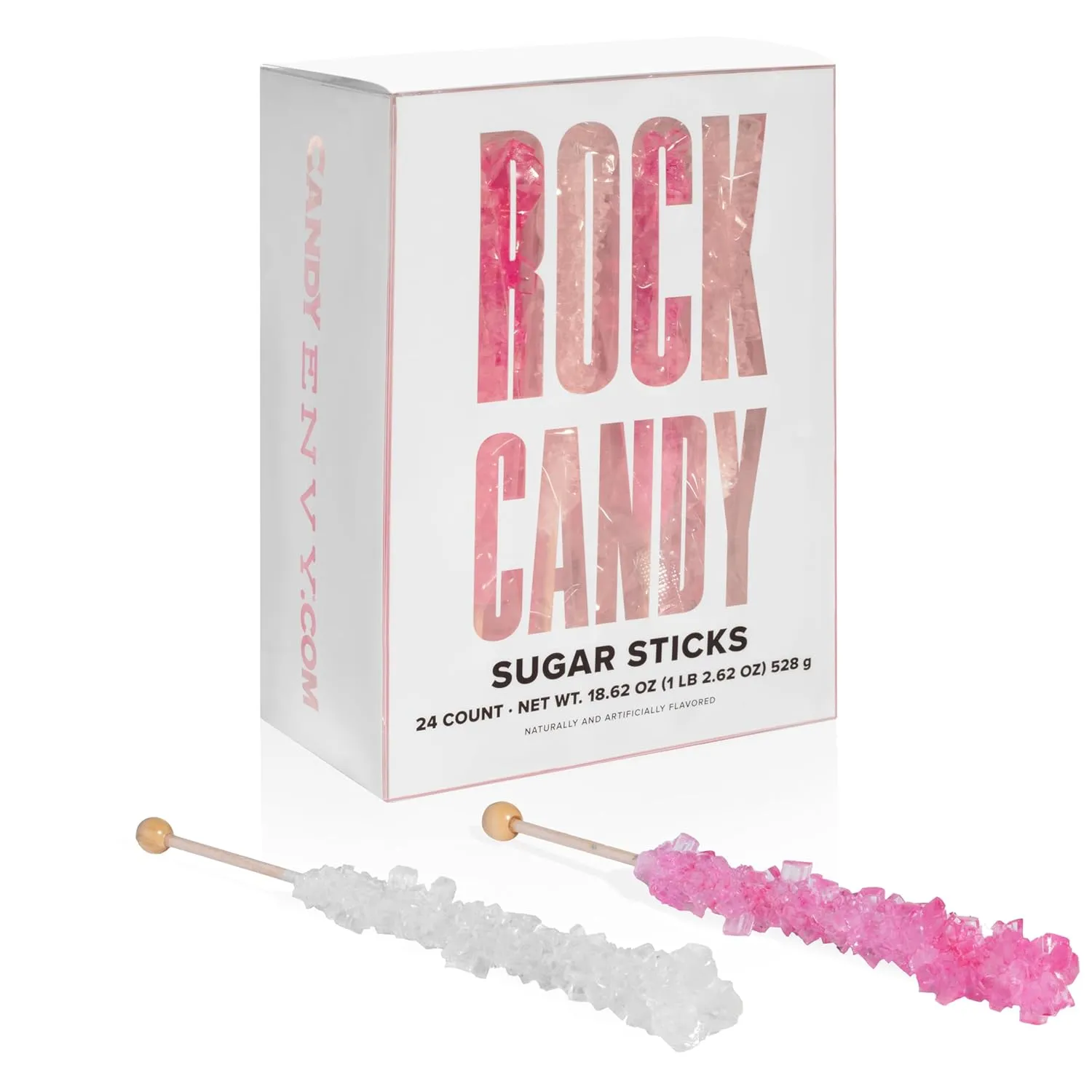 Light Pink and White Rock Candy Sugar Sticks - 24 Individually Wrapped Candy - Cherry & Original Sugar Flavored