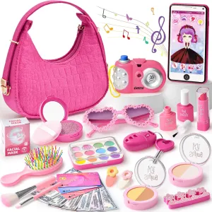 Little Girl Purse for Toddlers - 29Pcs Fashion Pretend Play Toys Includes Kids Fake Makeup Set, Handbag, Camera, Play Phone & Money, Christmas Birthday Toys Gifts for Girls 3-5-8 Year Old