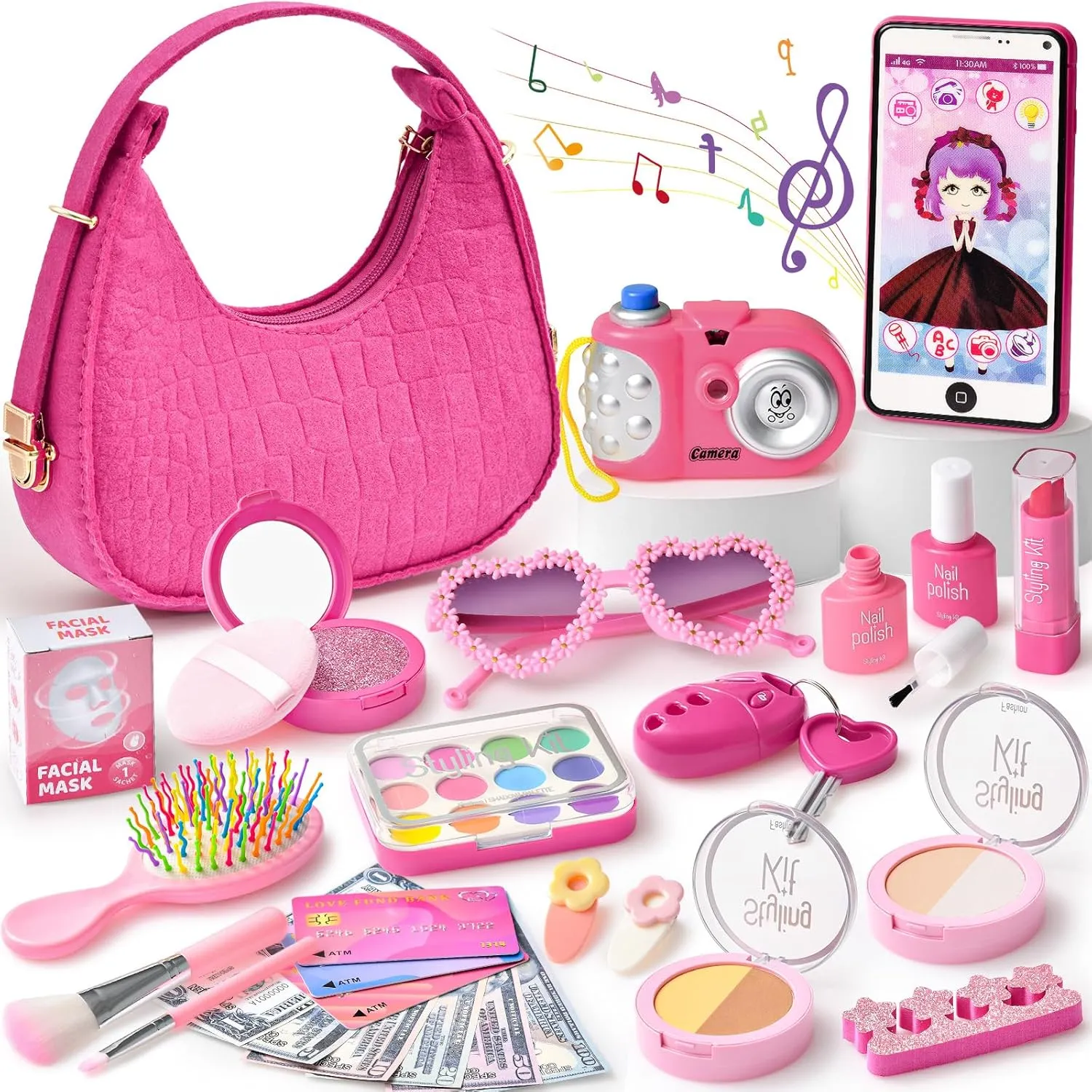 Little Girl Purse for Toddlers - 29Pcs Fashion Pretend Play Toys Includes Kids Fake Makeup Set, Handbag, Camera, Play Phone & Money, Christmas Birthday Toys Gifts for Girls 3-5-8 Year Old