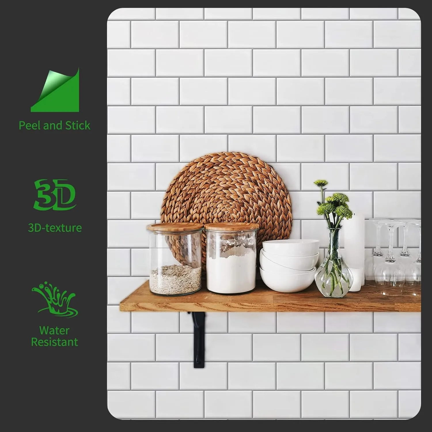LONGKING 10-Sheet Peel and Stick Tile for Kitchen Backsplash, 12in x 12in Bright White Subway Tile with Grey Grout