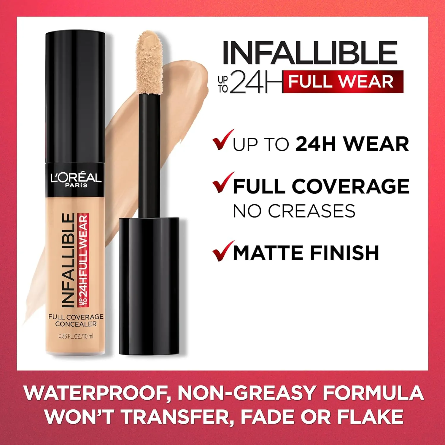 L'Oreal Paris Makeup Infallible Full Wear Waterproof Matte Concealer, Full Coverage, Fawn, 0.33 fl. oz.