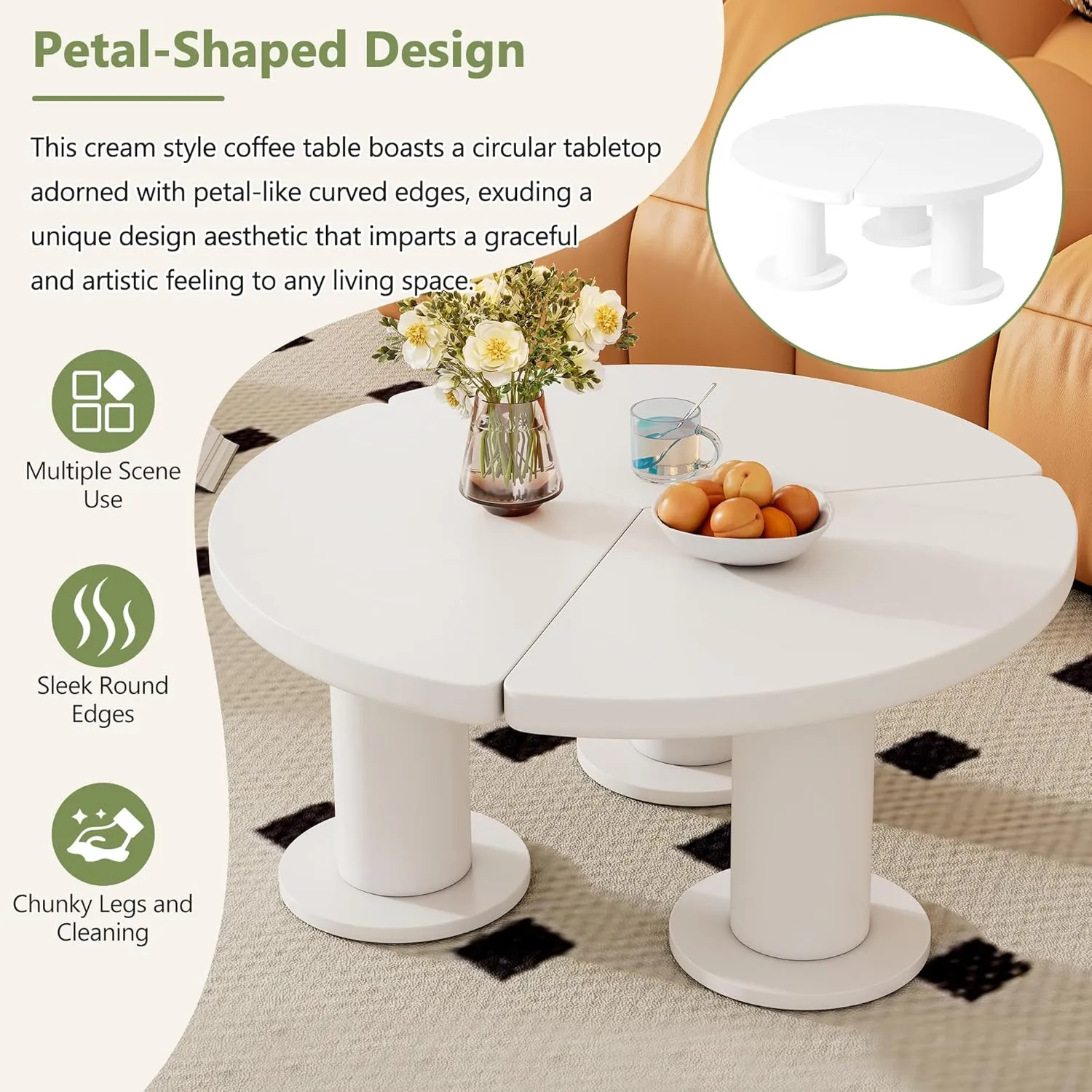 Merax 39.4" Round Petal-Shaped Wooden Coffee Table Cream Style CenterTable with 3 Thick Legs,Minimalist Irregular EndTable for Living Room
