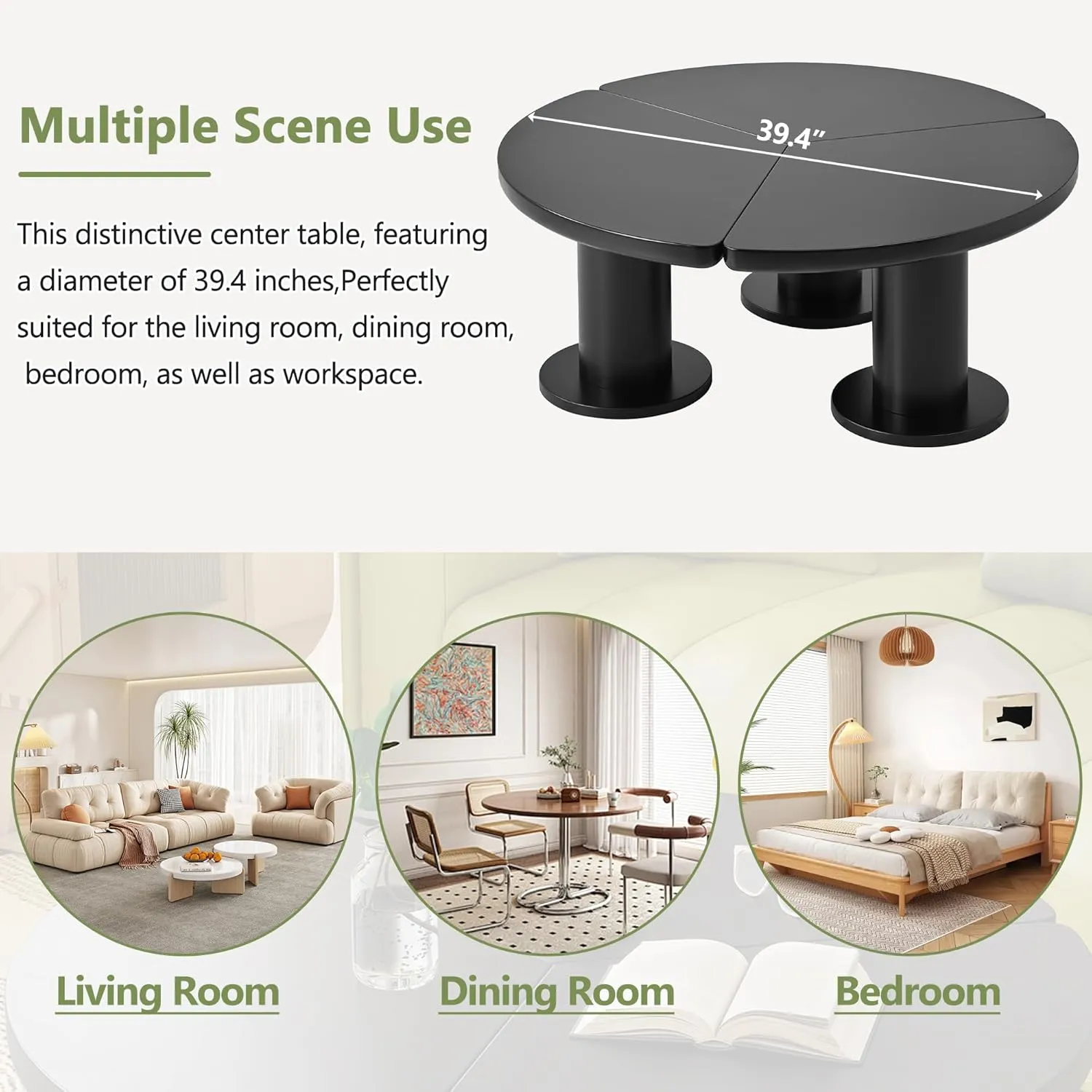 Merax 39.4" Round Petal-Shaped Wooden Coffee Table Cream Style CenterTable with 3 Thick Legs,Minimalist Irregular EndTable