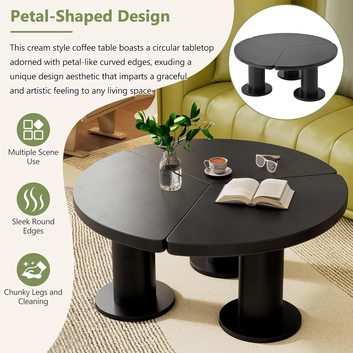 Merax 39.4" Round Petal-Shaped Wooden Coffee Table Cream Style CenterTable with 3 Thick Legs,Minimalist Irregular EndTable