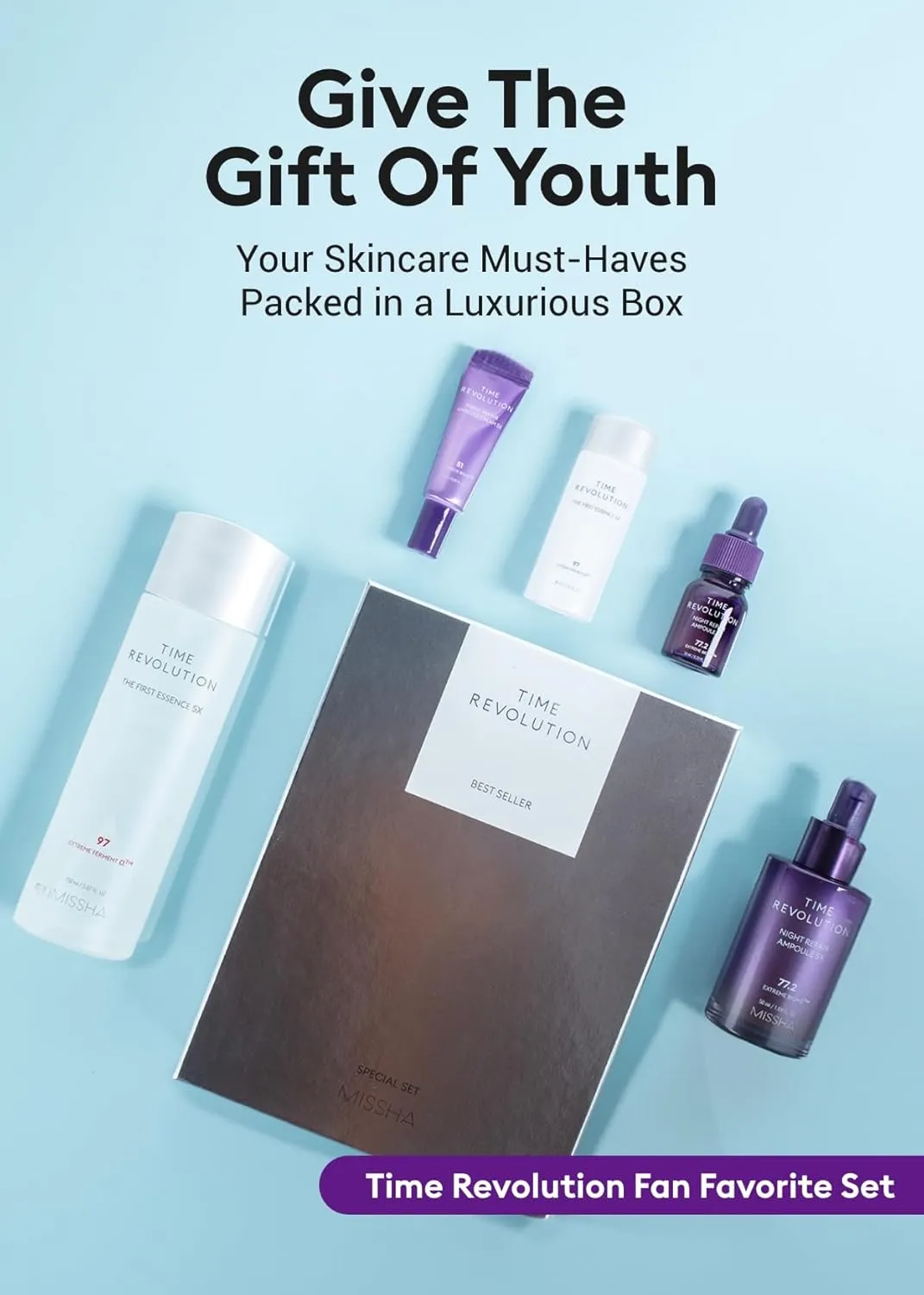 MISSHA Time Revolution Gift Set The First Essence 5X & Night Repair Ampoule 5X for Radiant, Youthful Skin, Korean Skin Care, Glass Skin