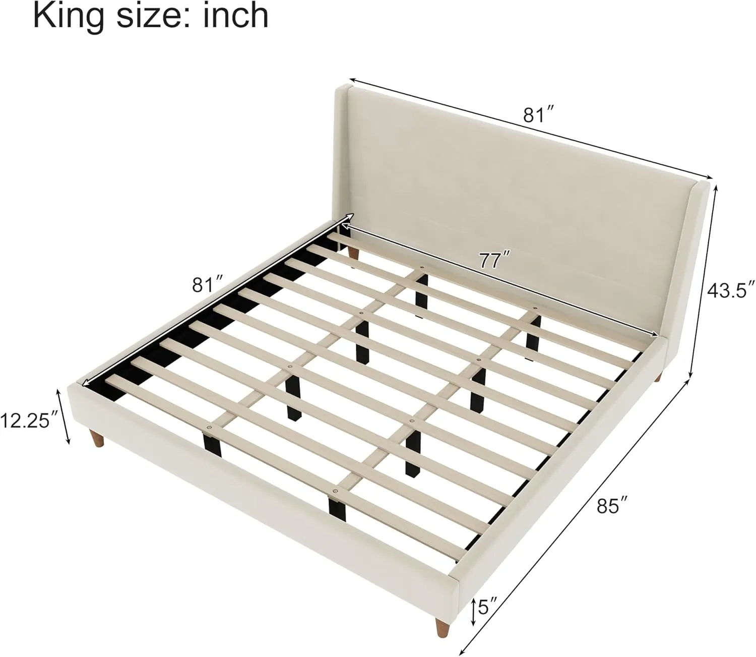 Modern Cream King Size Platform Bed Frame with Wingback Headboard,Velvet Upholstered Mattress Foundation with Wooden Legs and Strong Slats Support,No Box Spring Needed (Cream, King)
