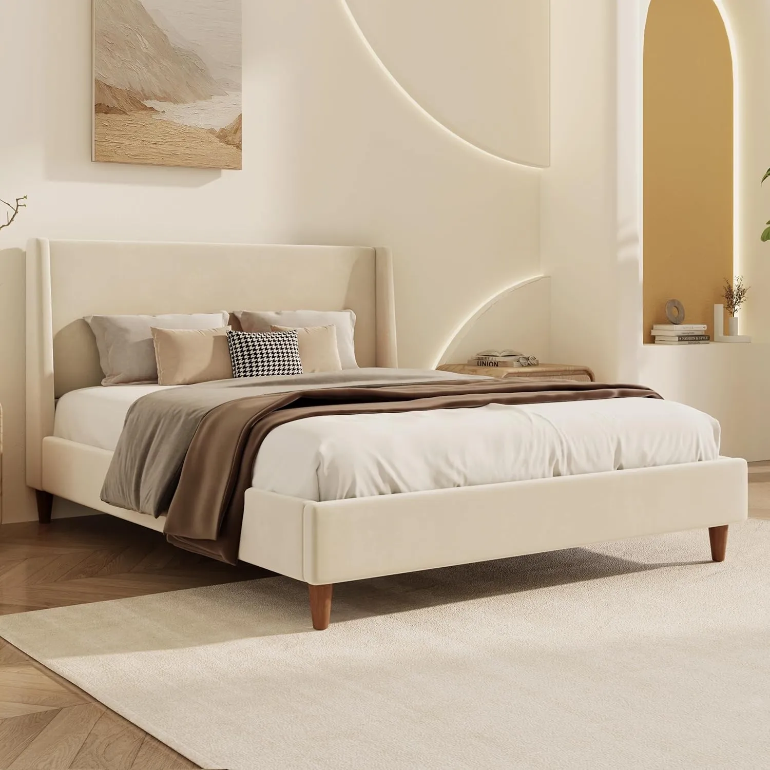 Modern Cream King Size Platform Bed Frame with Wingback Headboard,Velvet Upholstered Mattress Foundation with Wooden Legs and Strong Slats Support,No Box Spring Needed (Cream, King)