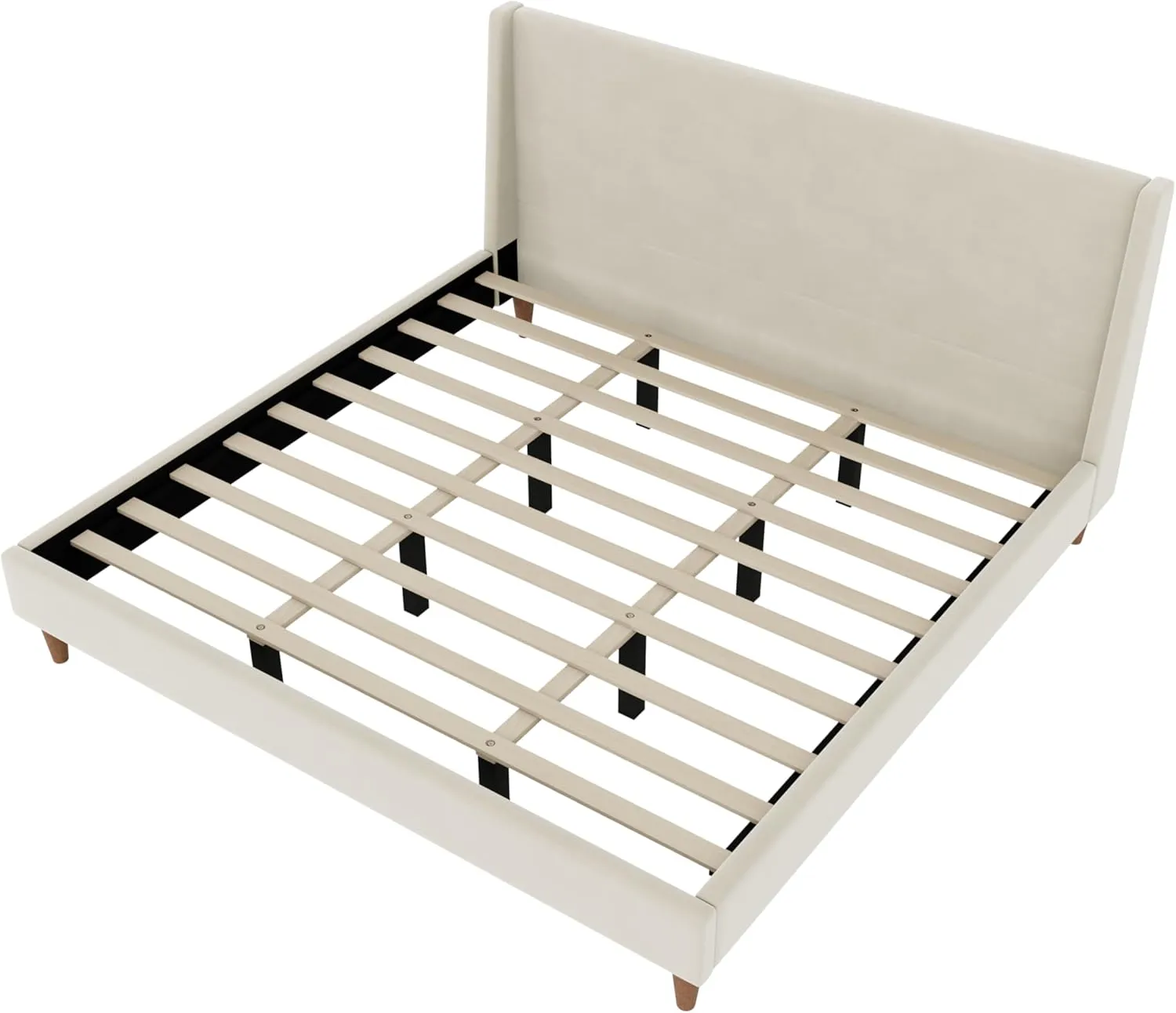 Modern Cream King Size Platform Bed Frame with Wingback Headboard,Velvet Upholstered Mattress Foundation with Wooden Legs and Strong Slats Support,No Box Spring Needed (Cream, King)