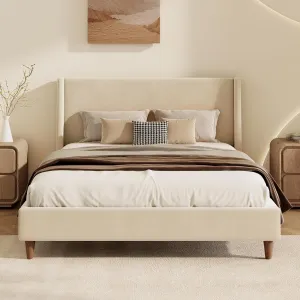 Modern Cream King Size Platform Bed Frame with Wingback Headboard,Velvet Upholstered Mattress Foundation with Wooden Legs and Strong Slats Support,No Box Spring Needed (Cream, King)