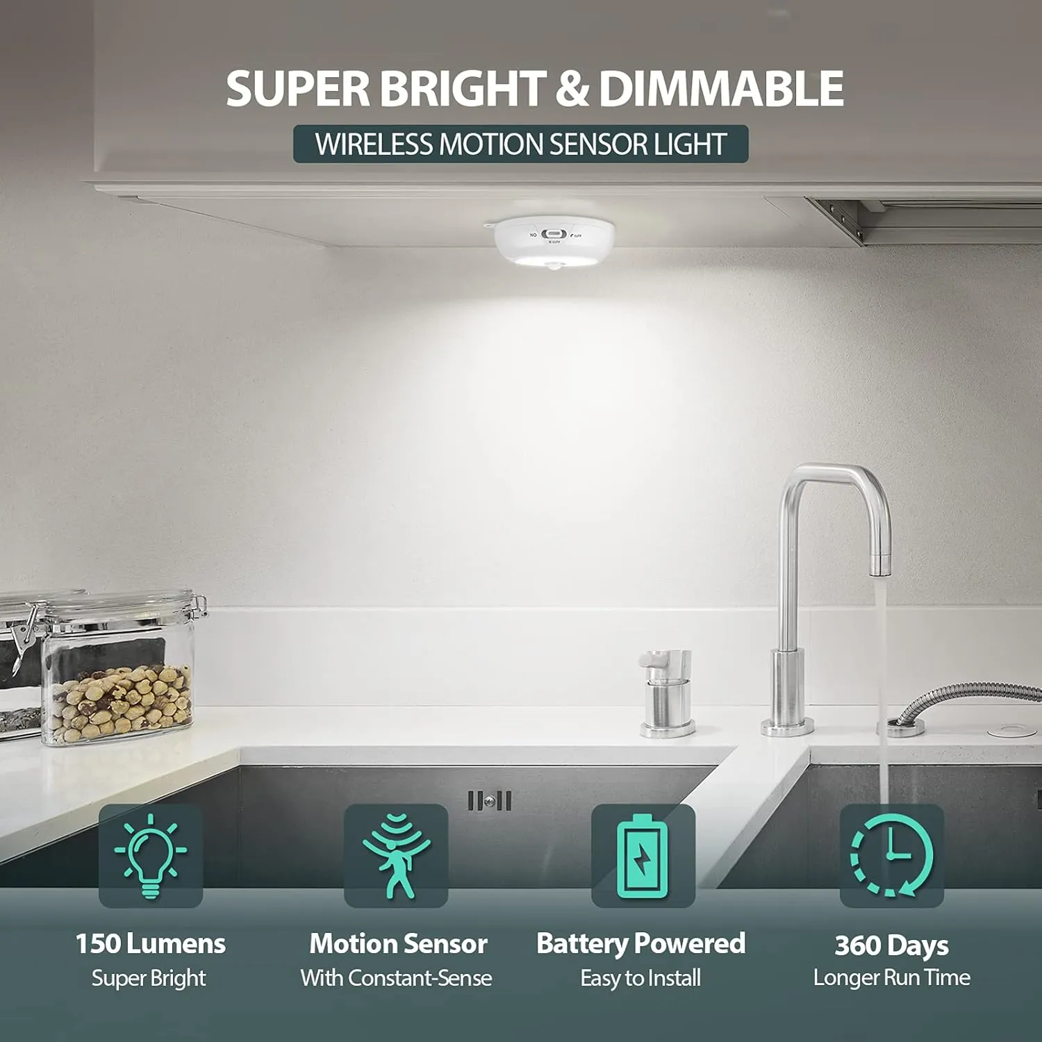 Motion Sensor Light Indoor, Under Cabinet Light, Ceiling Lights, AA Battery Operated Stick on Wireless Puck Lights for Wall, Step, Stair, Dimmable (6 Packs)