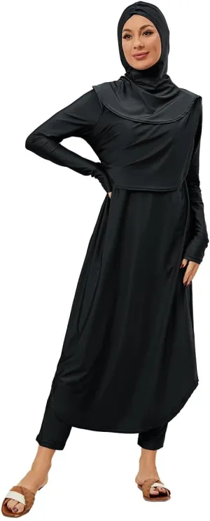 Muslim Swimsuits for Women Swimwear Long Sleeve Burkini Full Cover Swimsuit Hijab Rash Guard, 3pcs Set