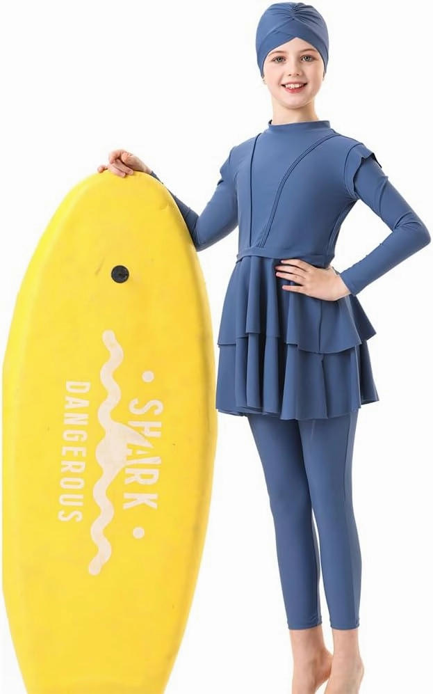 Muslim Swimsuits for Girls Modest Swimwear Full Cover Hijab Burkini Islamic Top Pants Cap 3PCS Rash Guard Sets