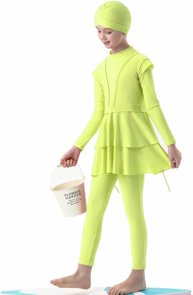 Muslim Swimsuits for Girls Modest Swimwear Full Cover Hijab Burkini Islamic Top Pants Cap 3PCS Rash Guard Sets