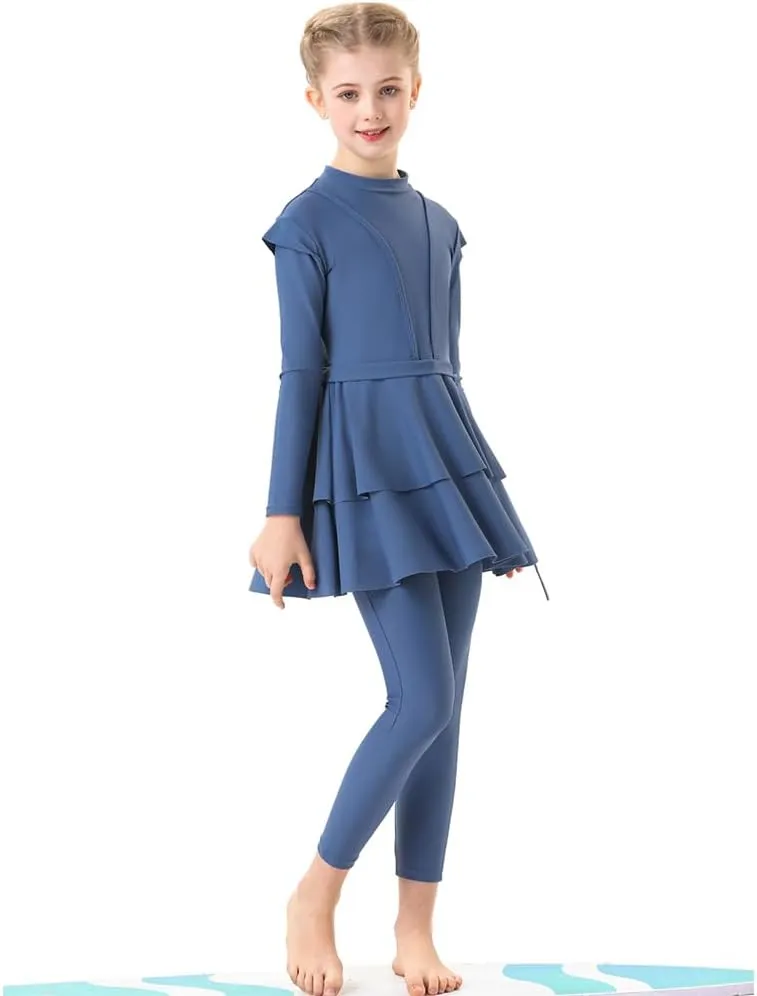 ODIZLI Kids Girls' Rash Guard Sets Islamic Hijab Swimwear Muslim Modest Long Sleeves Shorts Pants Beachwear Hoodie Hat 2 PCS