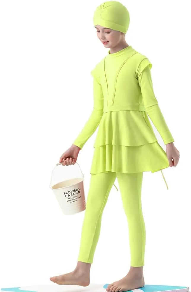 ODIZLI Kids Girls' Rash Guard Sets Islamic Hijab Swimwear Muslim Modest Long Sleeves Shorts Pants Beachwear Hoodie Hat 2 PCS