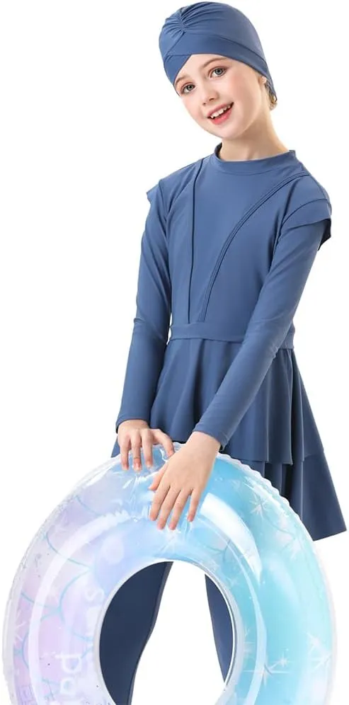 ODIZLI Kids Girls' Rash Guard Sets Islamic Hijab Swimwear Muslim Modest Long Sleeves Shorts Pants Beachwear Hoodie Hat 2 PCS