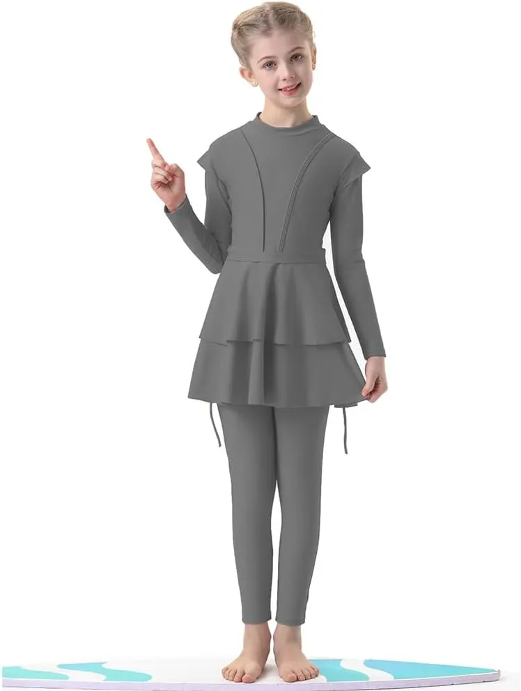 ODIZLI Kids Girls' Rash Guard Sets Islamic Hijab Swimwear Muslim Modest Long Sleeves Shorts Pants Beachwear Hoodie Hat 2 PCS