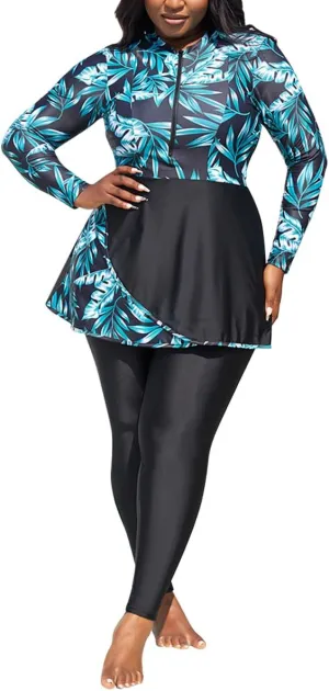 ODIZLI Plus Size Swimsuit for Muslim Womens Swimwear Long Sleeve Leaf Print Burkini Full Cover Swimsuit Rash Guard